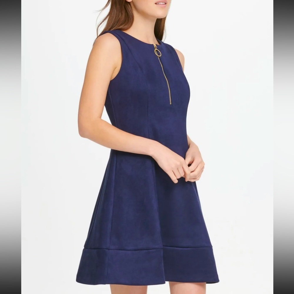Women’s Dress DKNY Size 16 Faux-Suede Fit & Flare Dress Navy Blue O Ring Zip NEW